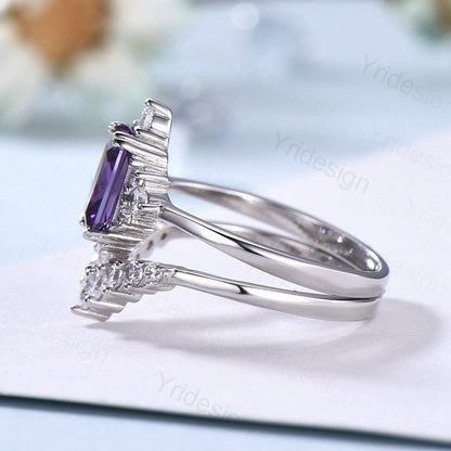 Vintage Emerald Cut Amethyst Engagement Ring Set / Purple Promise Ring Bridal Ring Set For Women / 2Pcs Gold February Birthstone Wedding Set - PENFINE