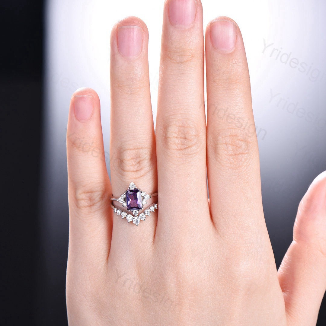 Vintage Emerald Cut Amethyst Engagement Ring Set / Purple Promise Ring Bridal Ring Set For Women / 2Pcs Gold February Birthstone Wedding Set - PENFINE