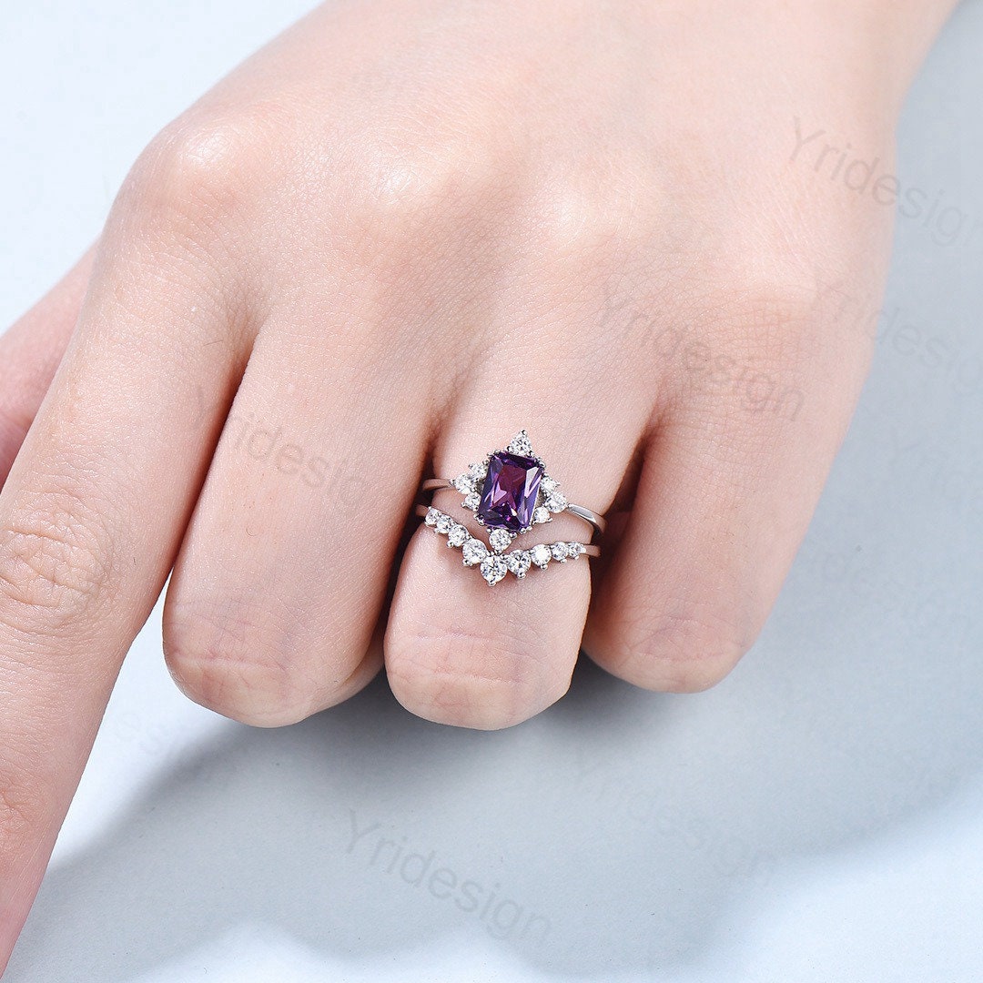 Vintage Emerald Cut Amethyst Engagement Ring Set / Purple Promise Ring Bridal Ring Set For Women / 2Pcs Gold February Birthstone Wedding Set - PENFINE