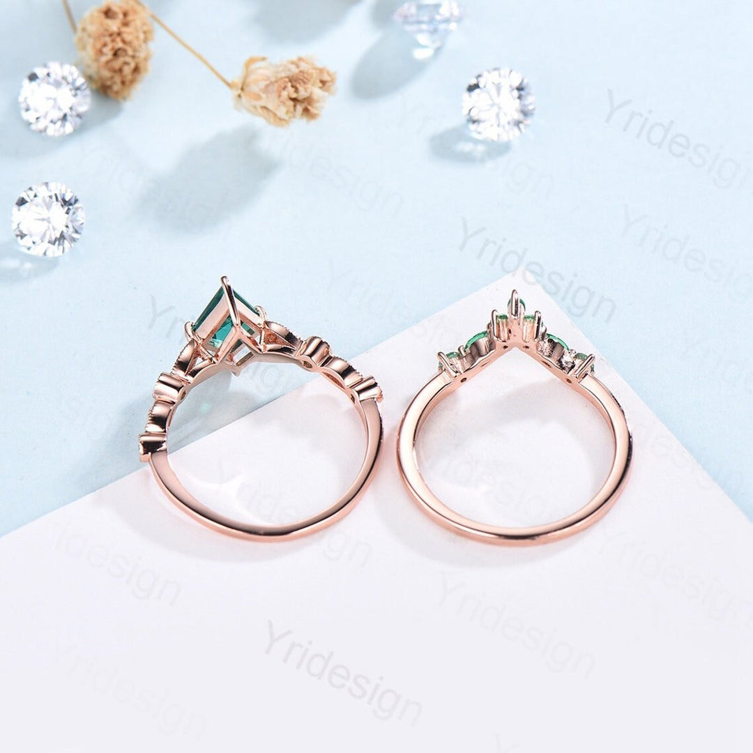 Vintage Kite Cut Peridot Wedding Ring Set Rose Gold Unique Emerald and Peridot Engagement Ring August birthstone bridal ring for women - PENFINE