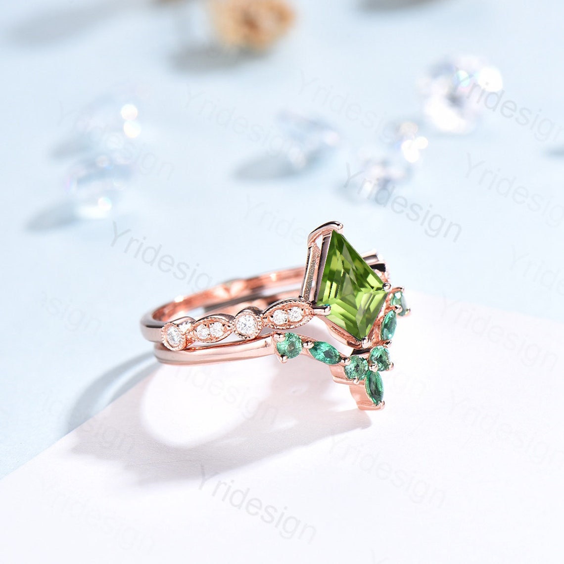 Vintage Kite Cut Peridot Wedding Ring Set Rose Gold Unique Emerald and Peridot Engagement Ring August birthstone bridal ring for women - PENFINE