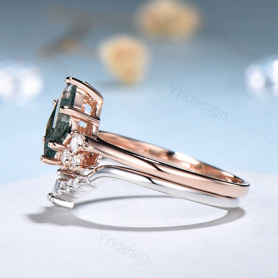 Vintage Kite cut moss agate ring rose gold silver unique moss agate engagement ring cluster alexandrite bridal wedding ring set women gift - PENFINE