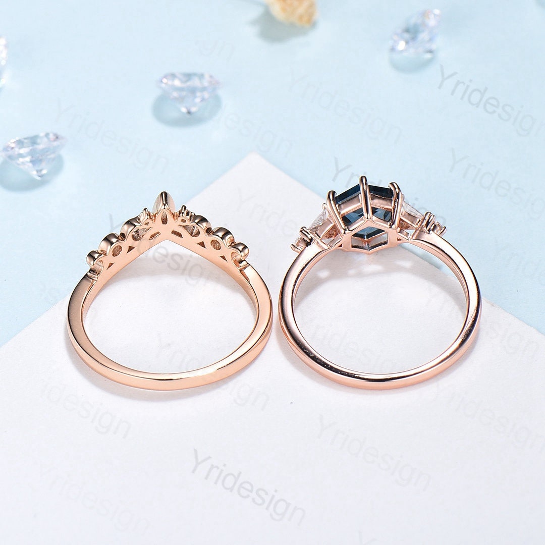 Hexagon Peridot ring vintage peridot engagement ring set rose gold unique cluster trillion moissanite engagement ring women promise ring - PENFINE