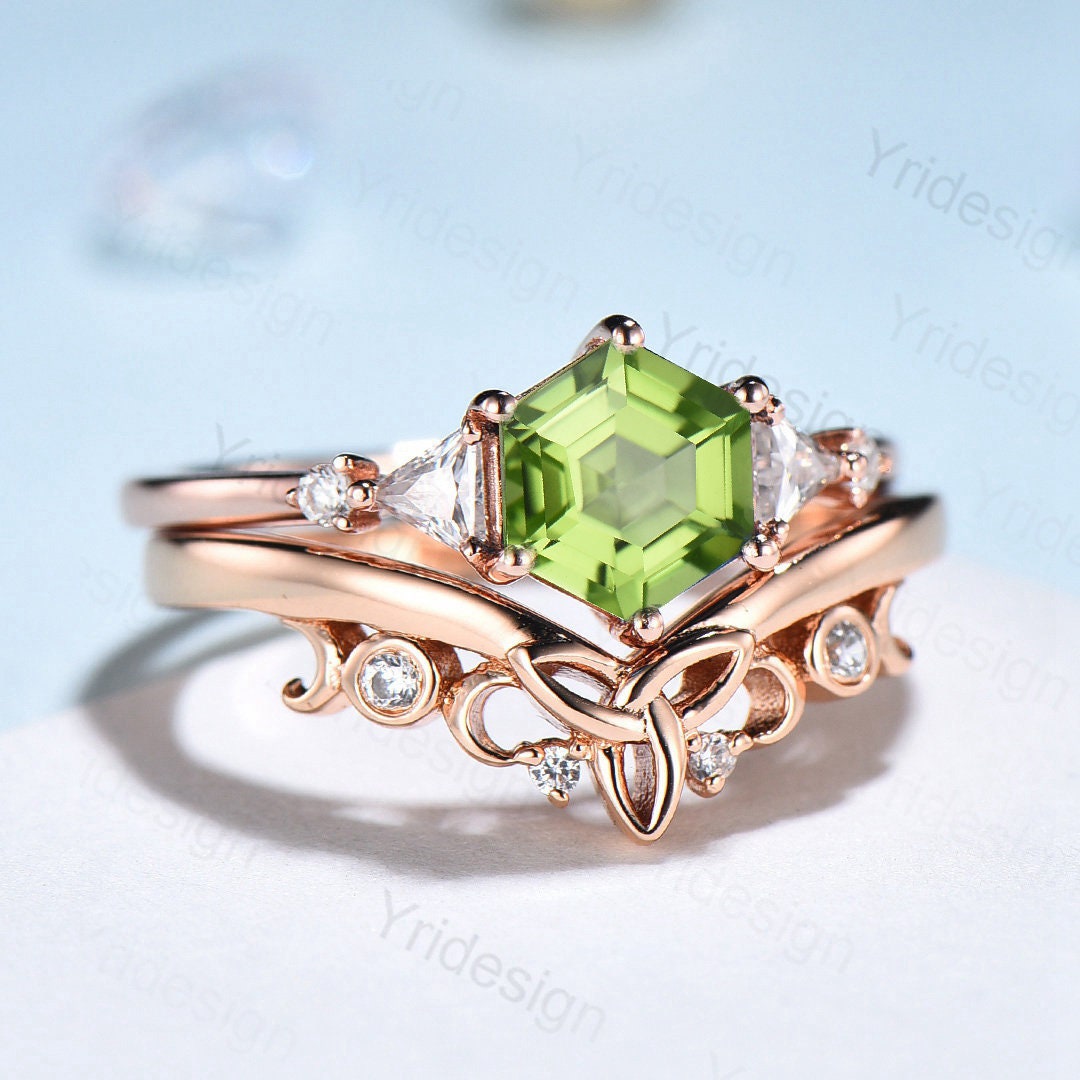 Vintage Peridot engagement ring sets Unique Oval Shape Rose gold ring Round Diamond cluster sale ring Art deco Promise Anniversary ring for woman