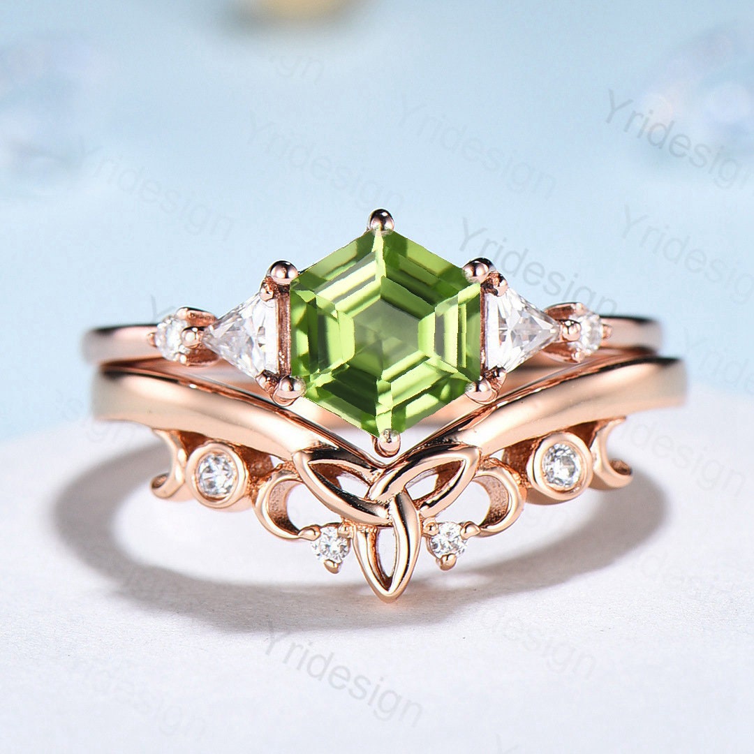 Hexagon Peridot ring vintage peridot engagement ring set rose gold unique cluster trillion moissanite engagement ring women promise ring - PENFINE