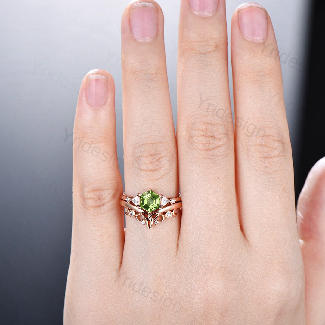 Hexagon Peridot ring vintage peridot engagement ring set rose gold unique cluster trillion moissanite engagement ring women promise ring - PENFINE