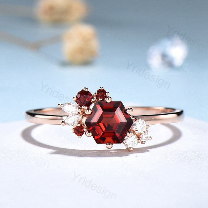 Hexagon cut garnet ring gold silver vintage unique engagement ring culster garnet wedding ring art deco moissanite promise ring for women - PENFINE