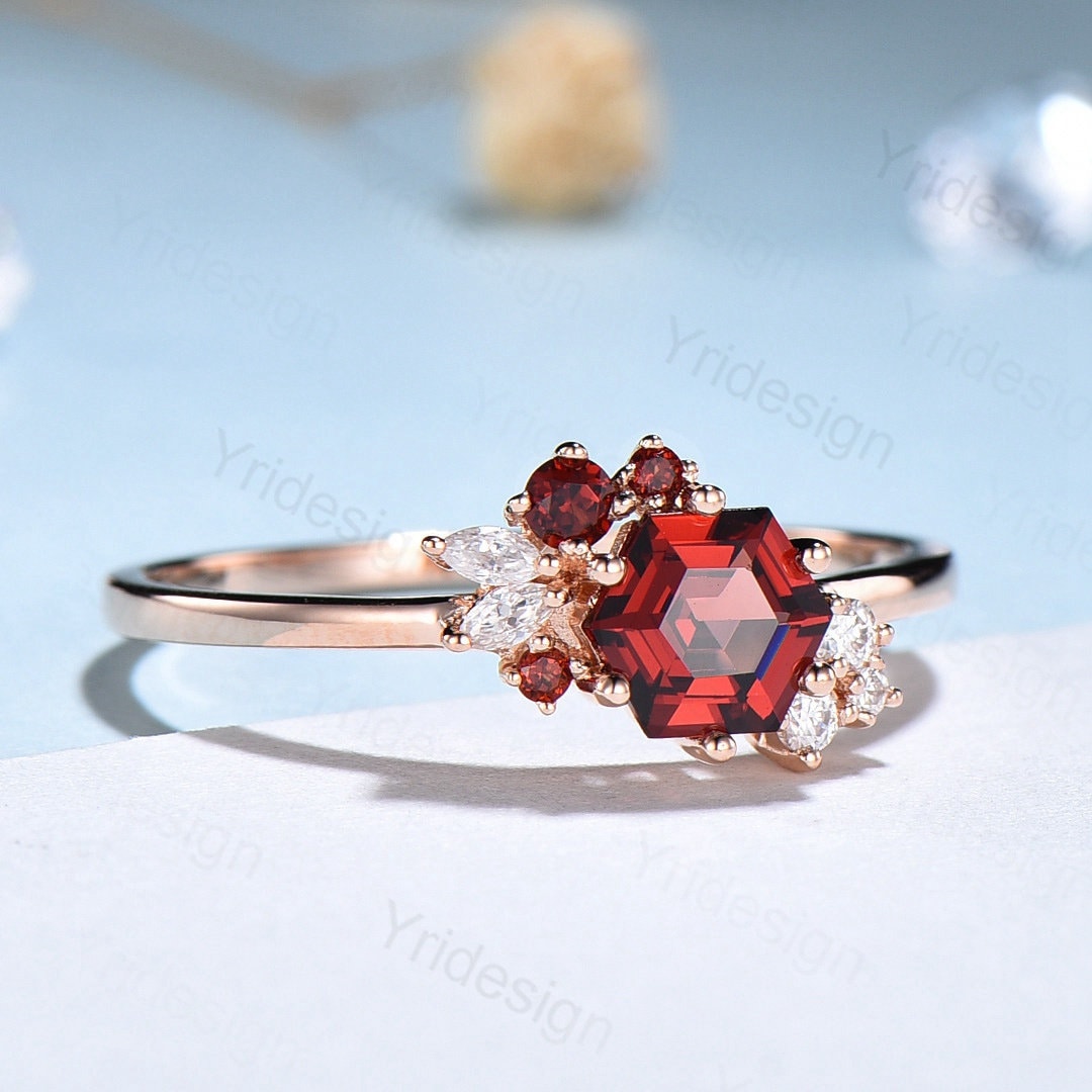 Hexagon cut garnet ring gold silver vintage unique engagement ring culster garnet wedding ring art deco moissanite promise ring for women - PENFINE