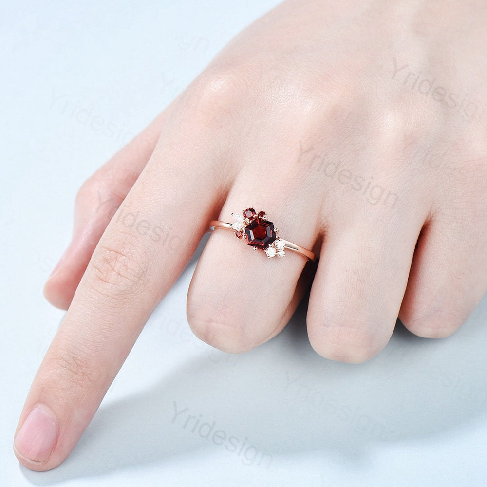 Hexagon cut garnet ring gold silver vintage unique engagement ring culster garnet wedding ring art deco moissanite promise ring for women - PENFINE