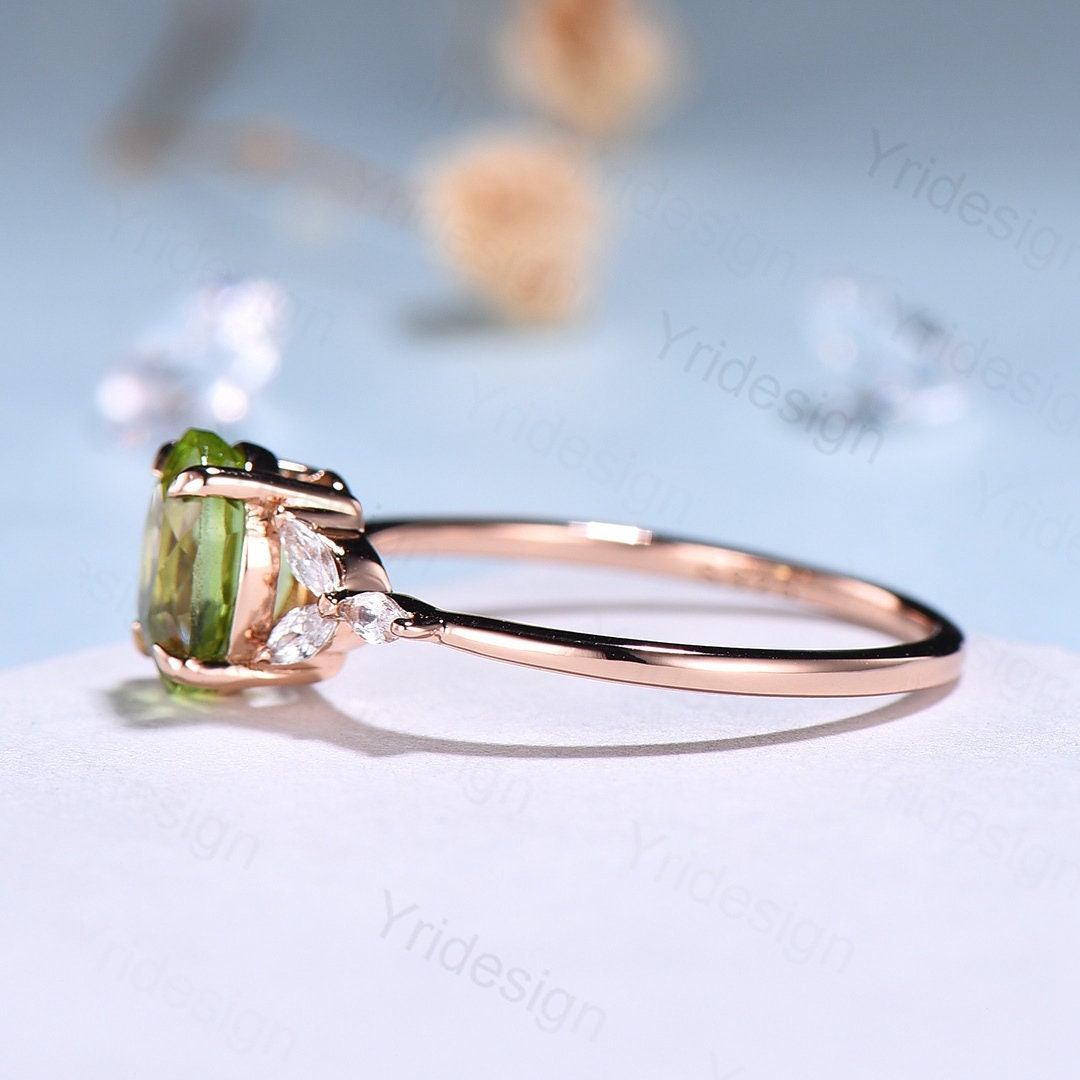 Natural Peridot Engagement Ring / Oval Green Peridot Ring For Women / Vintage Rose Gold Cluster Ring August Birthstone bridal promise ring - PENFINE