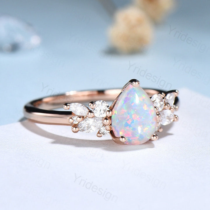 Pear Shaped White Opal Engagement Ring,Sterling Rose Gold Promise Rings Women,Fire Opal Ring with Diamond Simulants, October Birthstone Ring - PENFINE