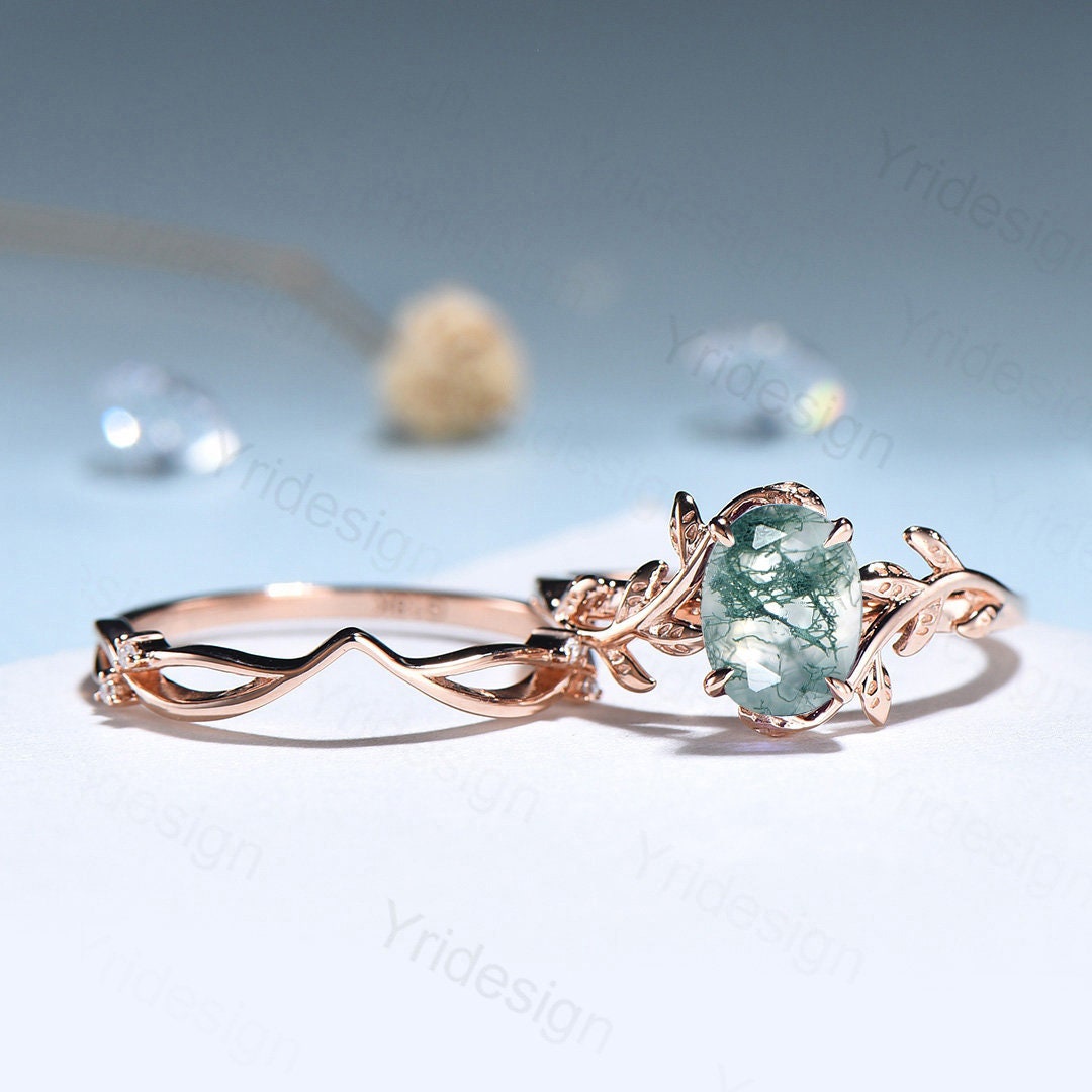 Flower Leaf moss agate wedding ring set 14k rose gold vintage moss agate engagement ring for women art deco unique promise ring for her - PENFINE
