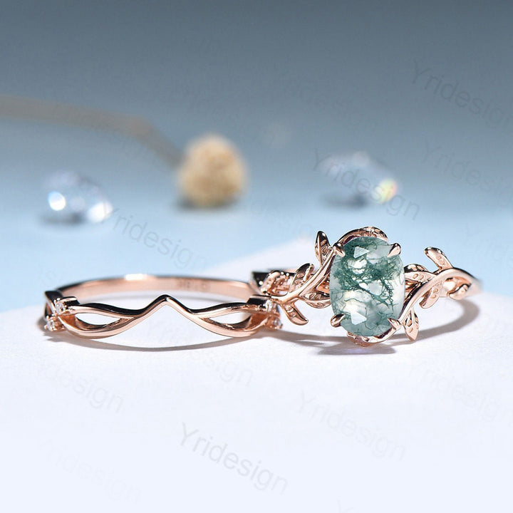 Flower Leaf moss agate wedding ring set 14k rose gold vintage moss agate engagement ring for women art deco unique promise ring for her - PENFINE