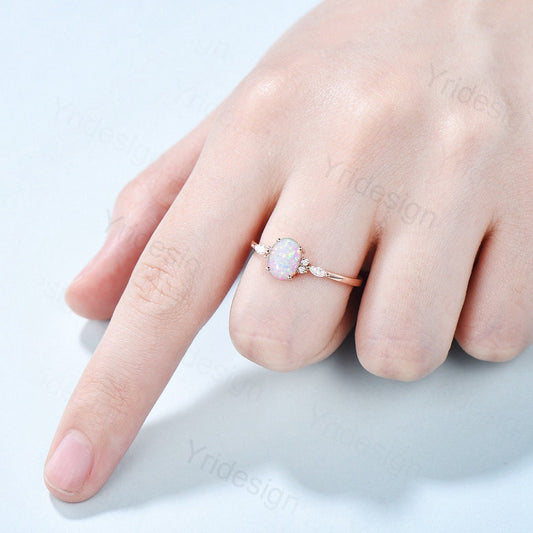 Vintage Opal Engagement Ring Rose Gold Marquise Moissanite Art Deco Cluster Wedding Ring For Women Anniversary Ring Bridal Promise gift - PENFINE