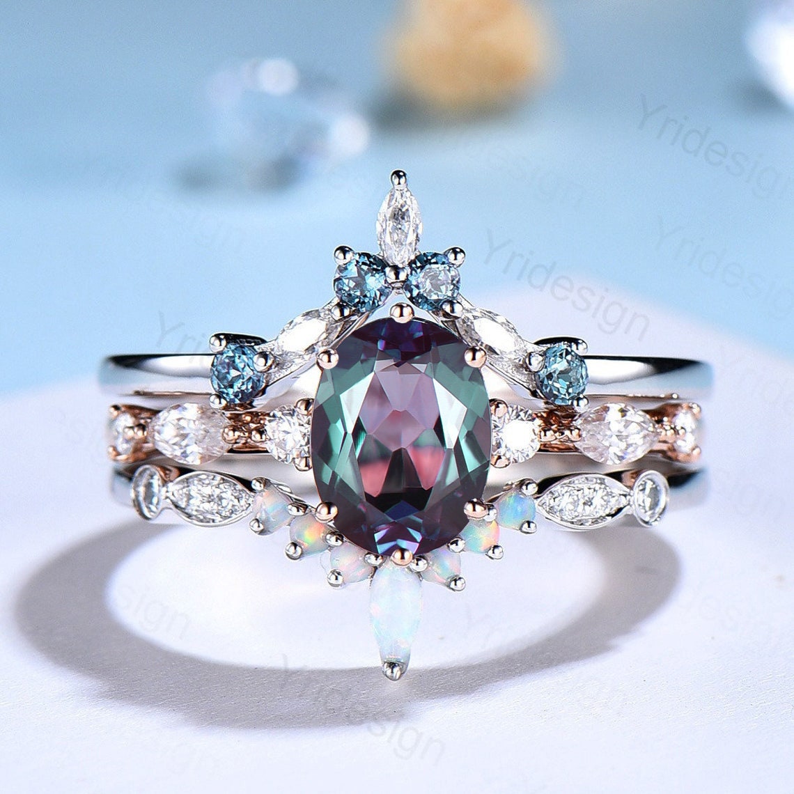 Unique alexandrite engagement ring set | Vintage rose gold wedding set | Art deco gold opal alexandrite stacking ring | 6 Prongs bridal set - PENFINE