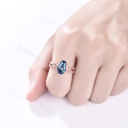 Vintage Alexandrite engagement ring Art deco Coffin shape Bridal twig gold ring Unique leaf diamond wedding ring Antique Anniversary ring - PENFINE