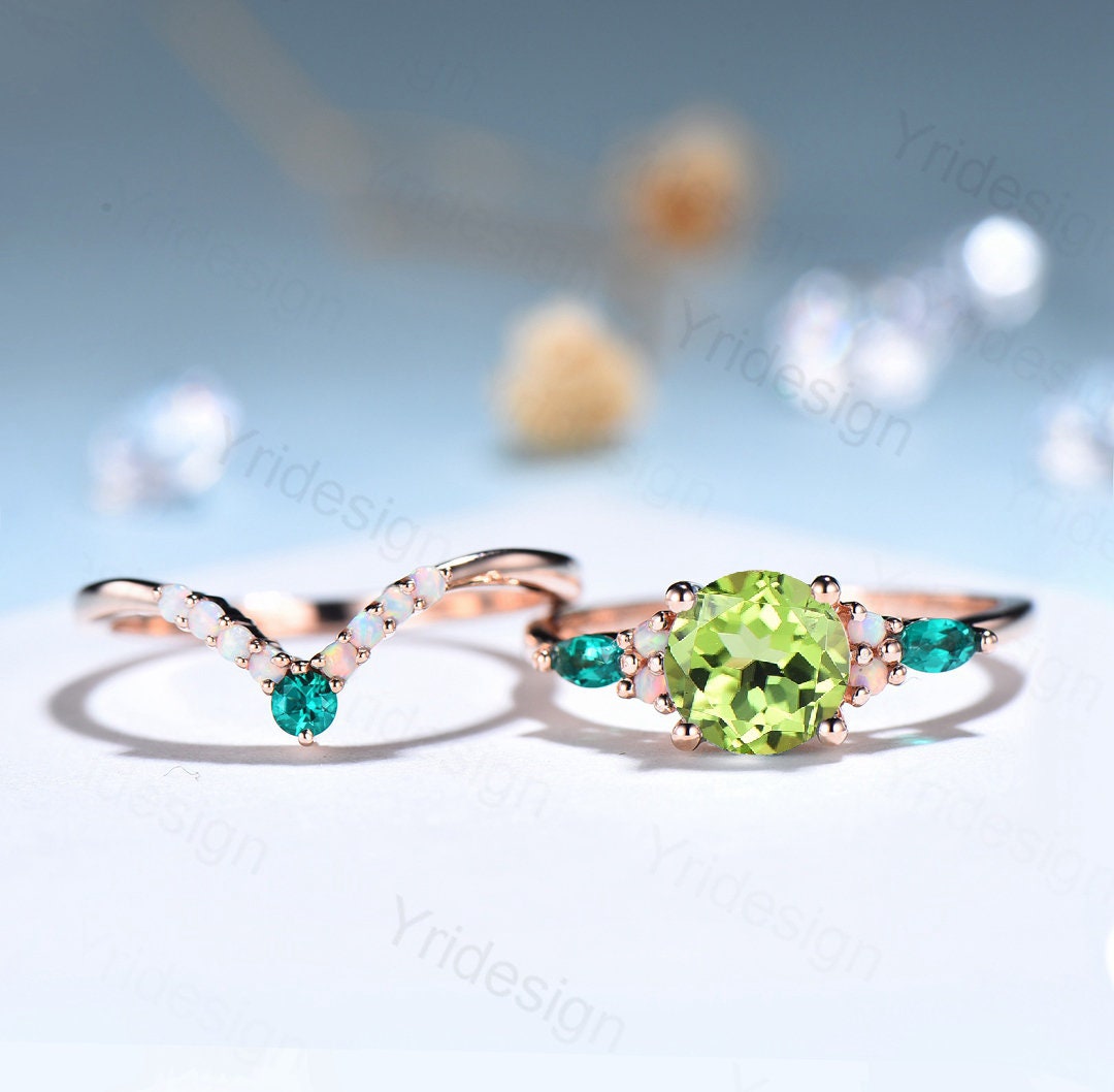 2PCS Peridot Engagement Ring Set, Art deals Deco Green Peridot Wedding Bridal Ring Set,Antique Peridot Promise Ring Set,Solitaire Ring Set For Her