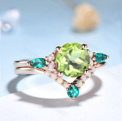 Vintage peridot engagement ring set,green emerald and opal Gold wedding ring set for women,unique art deco bridal promise ring for women - PENFINE