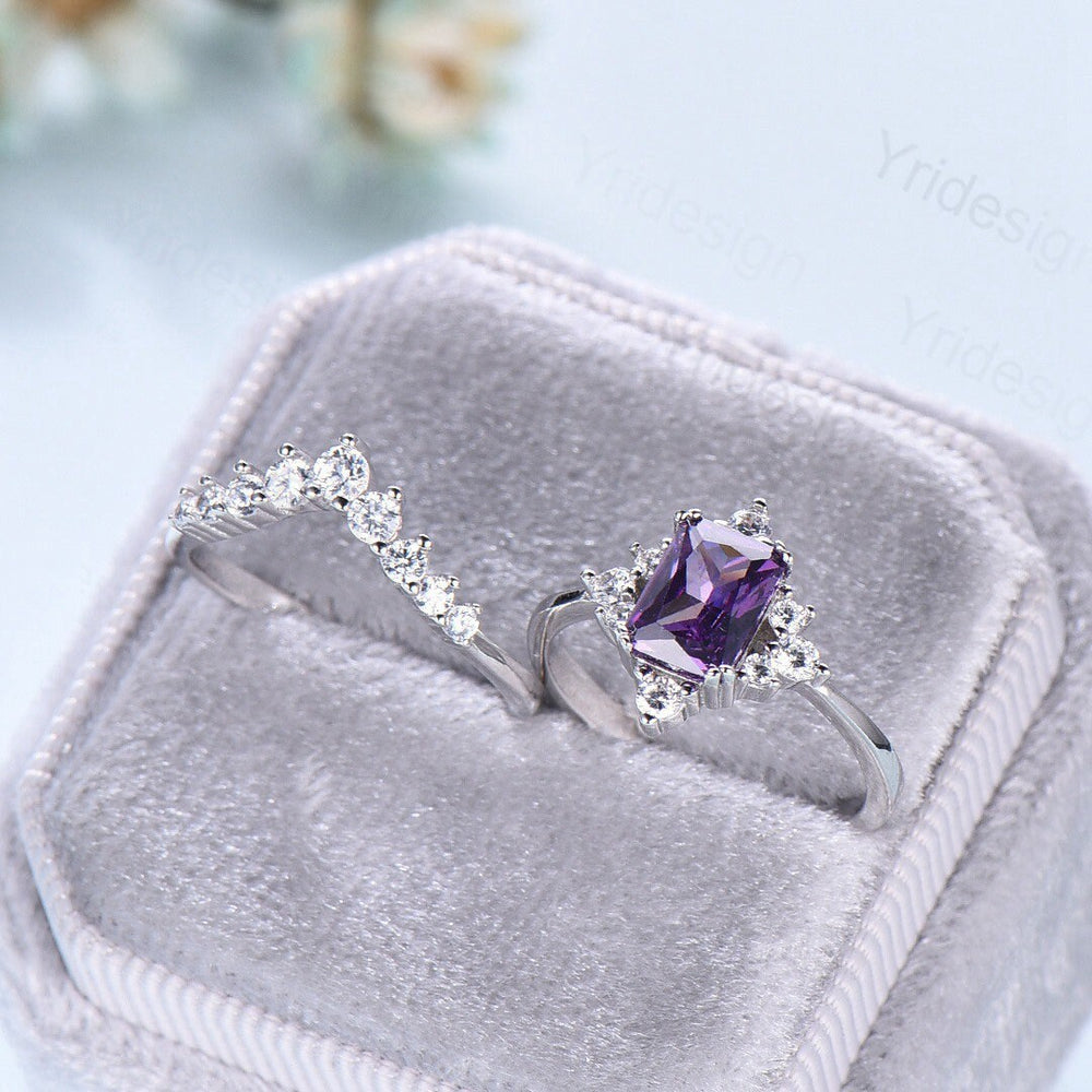 Vintage Emerald Cut Amethyst Engagement Ring Set / Purple Promise Ring Bridal Ring Set For Women / 2Pcs Gold February Birthstone Wedding Set - PENFINE