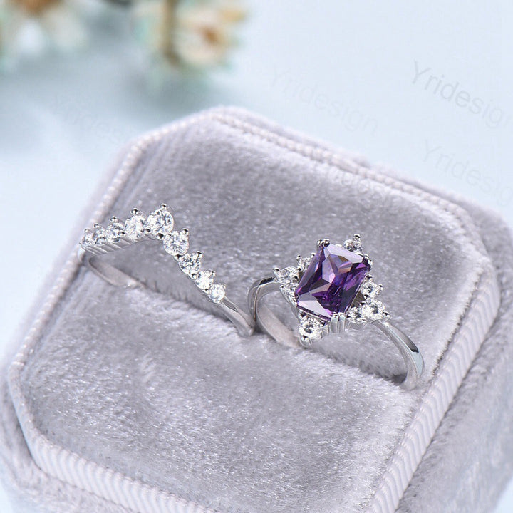 Vintage Emerald Cut Amethyst Engagement Ring Set / Purple Promise Ring Bridal Ring Set For Women / 2Pcs Gold February Birthstone Wedding Set - PENFINE