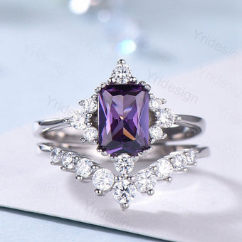 Vintage Emerald Cut Amethyst Engagement Ring Set / Purple Promise Ring Bridal Ring Set For Women / 2Pcs Gold February Birthstone Wedding Set - PENFINE