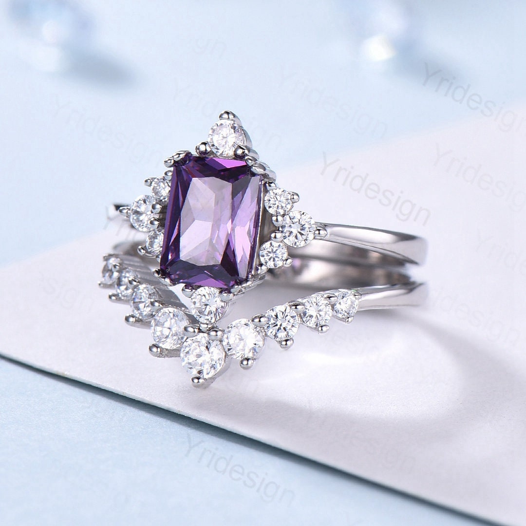 Vintage Emerald Cut Amethyst Engagement Ring Set / Purple Promise Ring Bridal Ring Set For Women / 2Pcs Gold February Birthstone Wedding Set - PENFINE