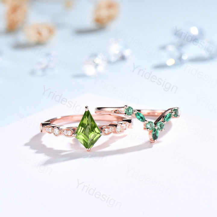 Vintage Kite Cut Peridot Wedding Ring Set Rose Gold Unique Emerald and Peridot Engagement Ring August birthstone bridal ring for women - PENFINE