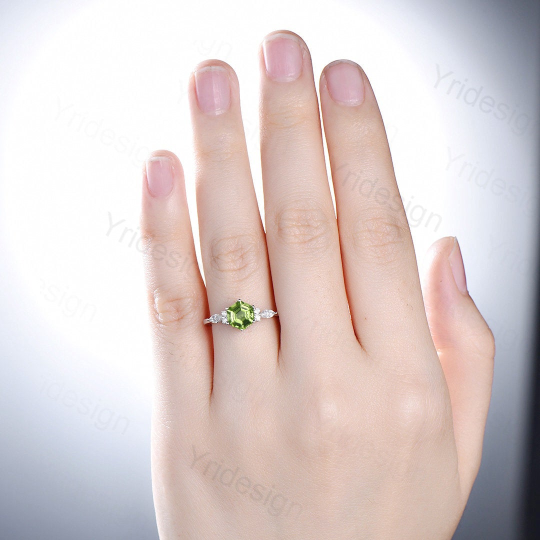 Hexagon Peridot engagement ring art deco white gold silver ring 7 stone vintage moissanite ring for women promise anniversary ring gift - PENFINE