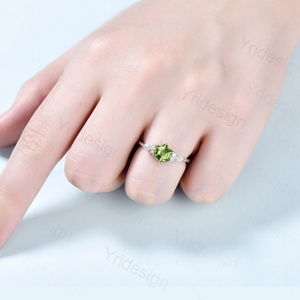 Hexagon Peridot engagement ring art deco white gold silver ring 7 stone vintage moissanite ring for women promise anniversary ring gift - PENFINE