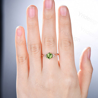 Dainty Hexagon Peridot engagement ring art deco rose gold silver ring Minimalist vintage diamond ring women promise anniversary ring gift - PENFINE