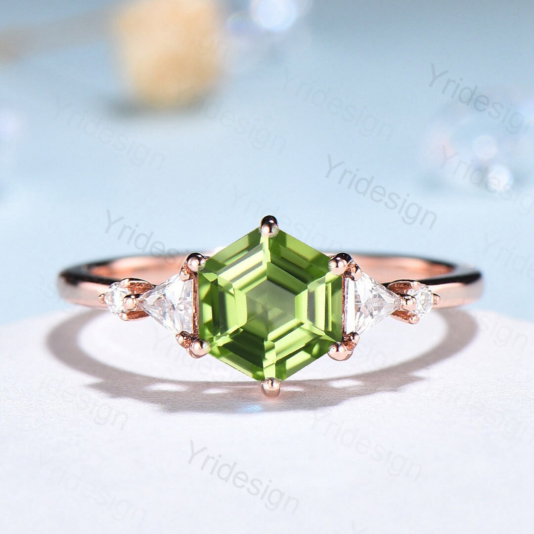 Hexagon Peridot ring vintage peridot engagement ring set rose gold unique cluster trillion moissanite engagement ring women promise ring - PENFINE