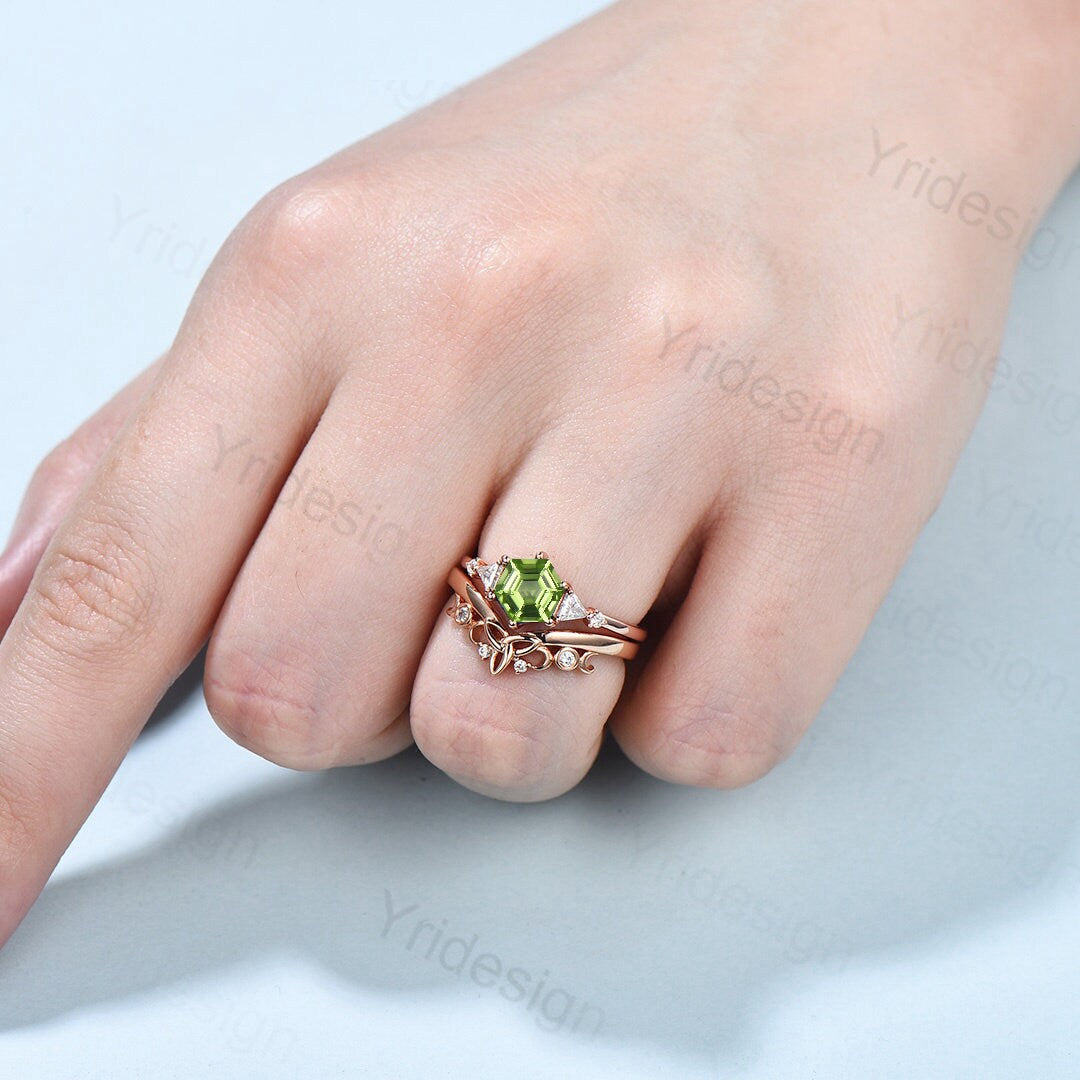 Hexagon Peridot ring vintage peridot engagement ring set rose gold unique cluster trillion moissanite engagement ring women promise ring - PENFINE