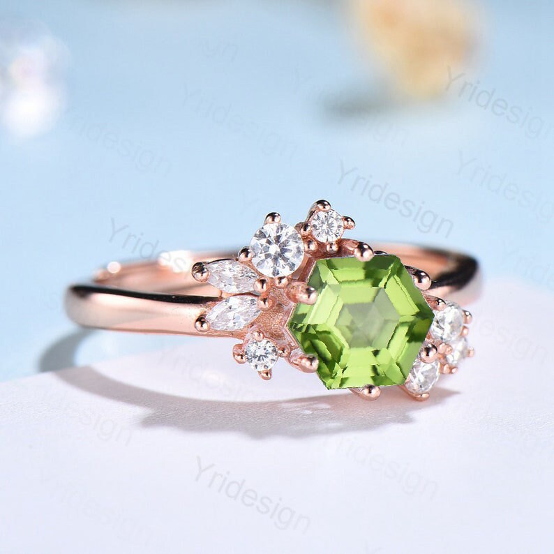 Hexagon cut peridot ring silver rose gold vintage unique peridot engagement ring cluster diamond ring art deco promise ring for women - PENFINE