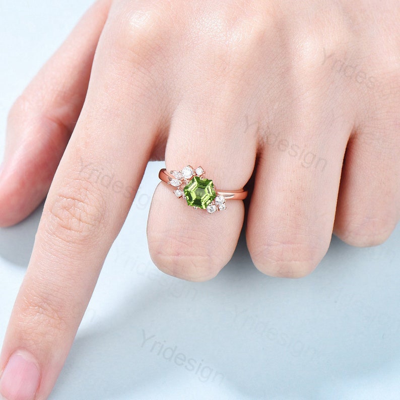 Hexagon cut peridot ring silver rose gold vintage unique peridot engagement ring cluster diamond ring art deco promise ring for women - PENFINE