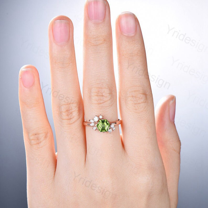 Hexagon cut peridot ring silver rose gold vintage unique peridot engagement ring cluster diamond ring art deco promise ring for women - PENFINE