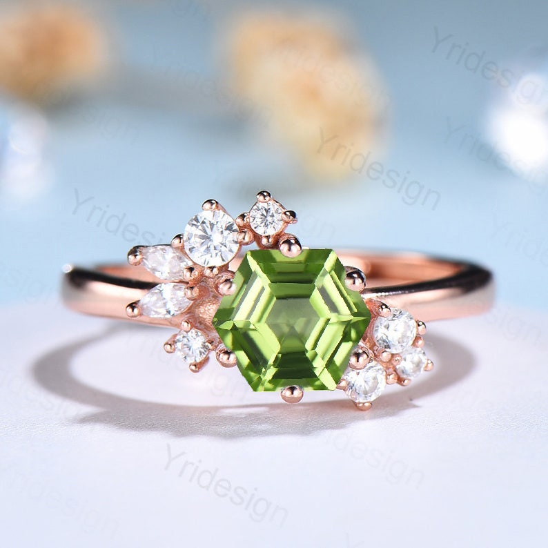 Hexagon cut peridot ring silver rose gold vintage unique peridot engagement ring cluster diamond ring art deco promise ring for women - PENFINE