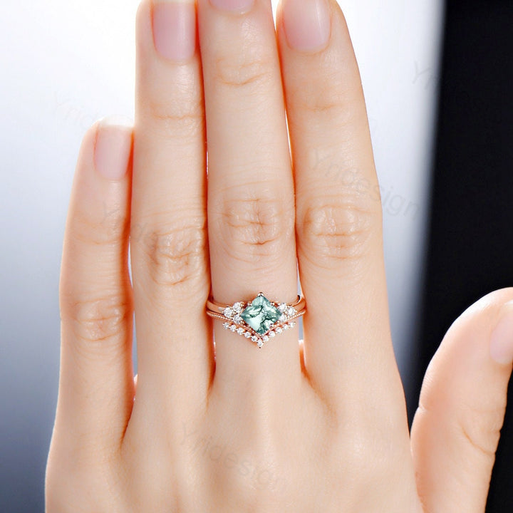 Princess Cut Moss Agate Ring 14K Rose Gold 2CT Vintage Moss Agate engagement Ring Set Unique Art Deco Moissanite Bridal Ring For Women - PENFINE