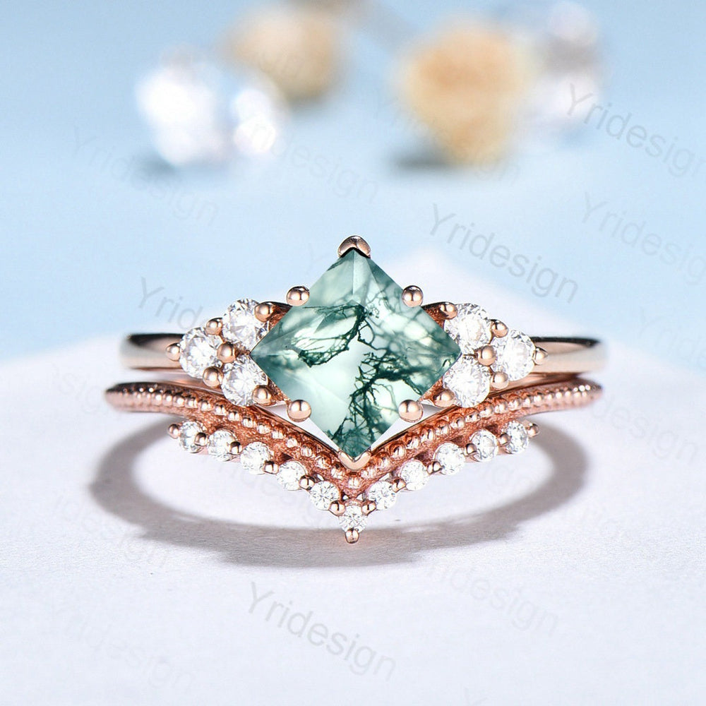 Princess Cut Moss Agate Ring 14K Rose Gold 2CT Vintage Moss Agate engagement Ring Set Unique Art Deco Moissanite Bridal Ring For Women - PENFINE