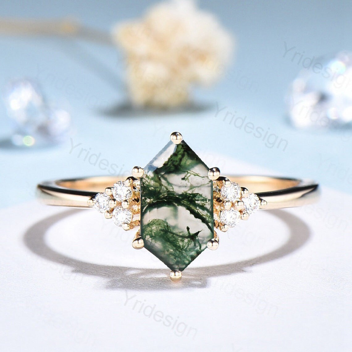 Long Hexagon cut moss agate ring vintage gold engagement ring cluster moissanite diamond wedding ring art deco promise ring for women - PENFINE