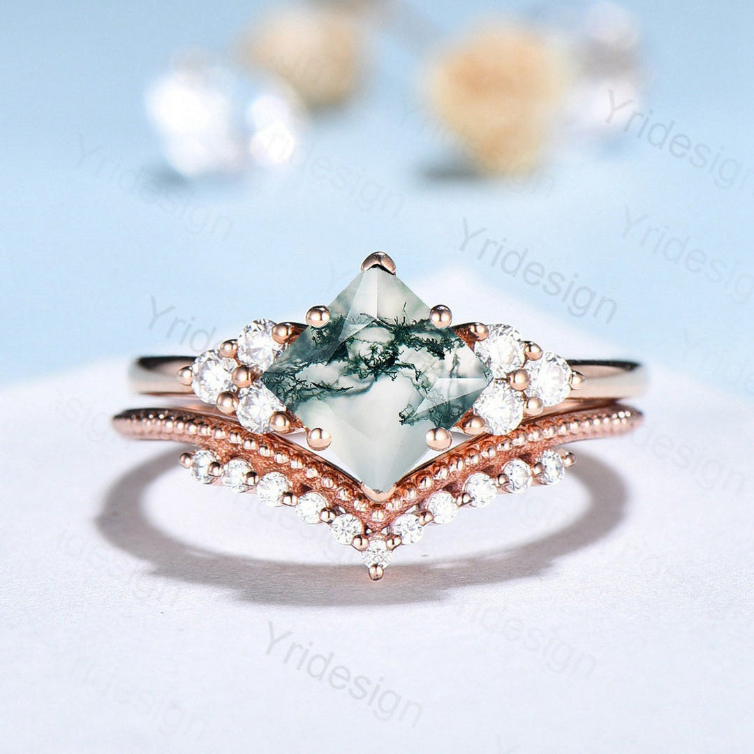 Princess Cut Moss Agate Ring 14K Rose Gold 2CT Vintage Moss Agate engagement Ring Set Unique Art Deco Moissanite Bridal Ring For Women - PENFINE