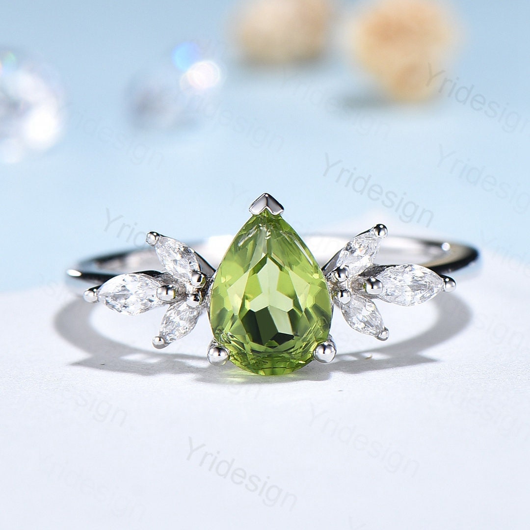 Pear Shaped Peridot Engagement Ring /  Natural Peridot Wedding Ring For Women / Vintage Rose Gold August Birthstone bridal anniversary ring - PENFINE