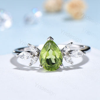 Pear Shaped Peridot Engagement Ring /  Natural Peridot Wedding Ring For Women / Vintage Rose Gold August Birthstone bridal anniversary ring - PENFINE