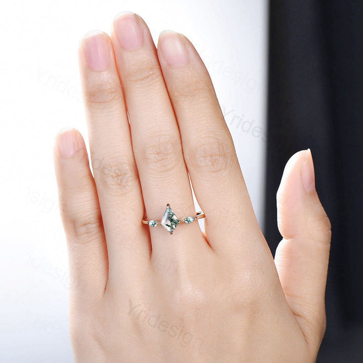 Vintage kite cut moss agate ring solid 14k rose gold marquise cut green agate engagement ring unique wedding ring for women anniversary gift - PENFINE