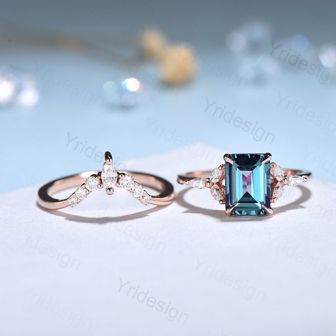 Emerald Cut Alexandrite Engagement Ring Set Rose Gold-14K/18K 2pcs