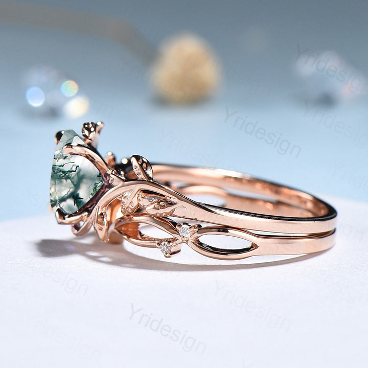 Flower Leaf moss agate wedding ring set 14k rose gold vintage moss agate engagement ring for women art deco unique promise ring for her - PENFINE