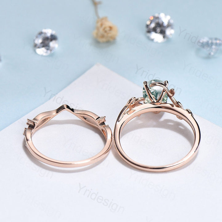 Flower Leaf moss agate wedding ring set 14k rose gold vintage moss agate engagement ring for women art deco unique promise ring for her - PENFINE