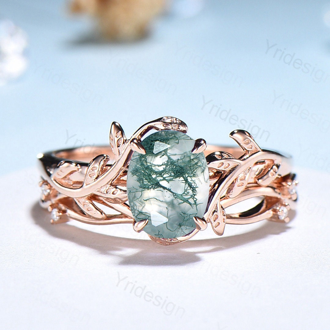 Flower Leaf moss agate wedding ring set 14k rose gold vintage moss agate engagement ring for women art deco unique promise ring for her - PENFINE