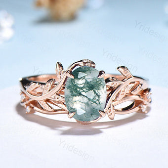 Flower Leaf moss agate wedding ring set 14k rose gold vintage moss agate engagement ring for women art deco unique promise ring for her - PENFINE