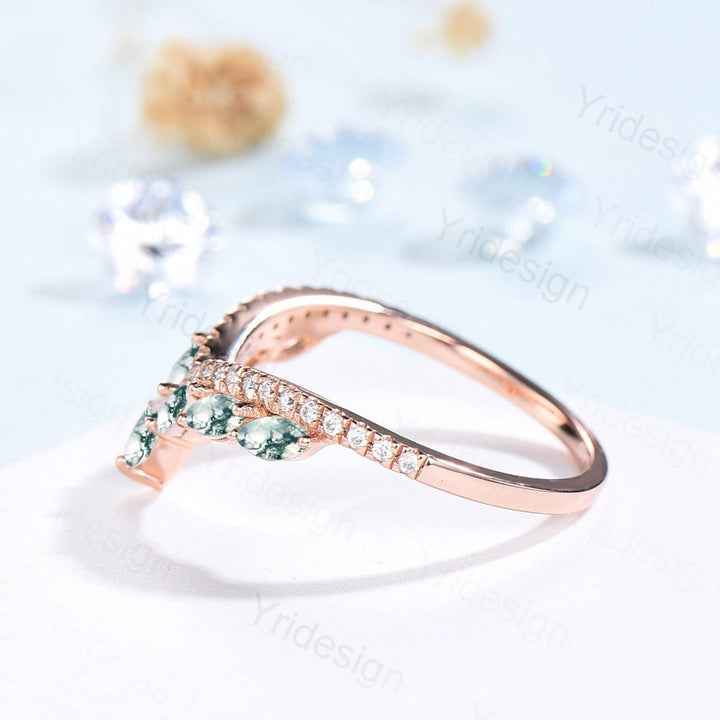 Vintage Moss Agate Wedding Bands Women Rose Gold Marquise Cut Unique Curved V Moissanite Matching Stacking Anniversary Ring Promise Ring - PENFINE