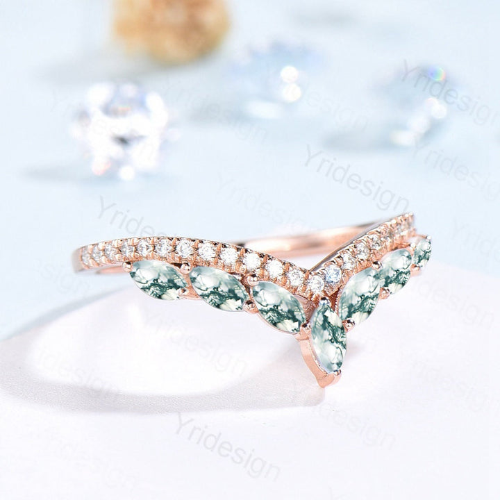 Vintage Moss Agate Wedding Bands Women Rose Gold Marquise Cut Unique Curved V Moissanite Matching Stacking Anniversary Ring Promise Ring - PENFINE